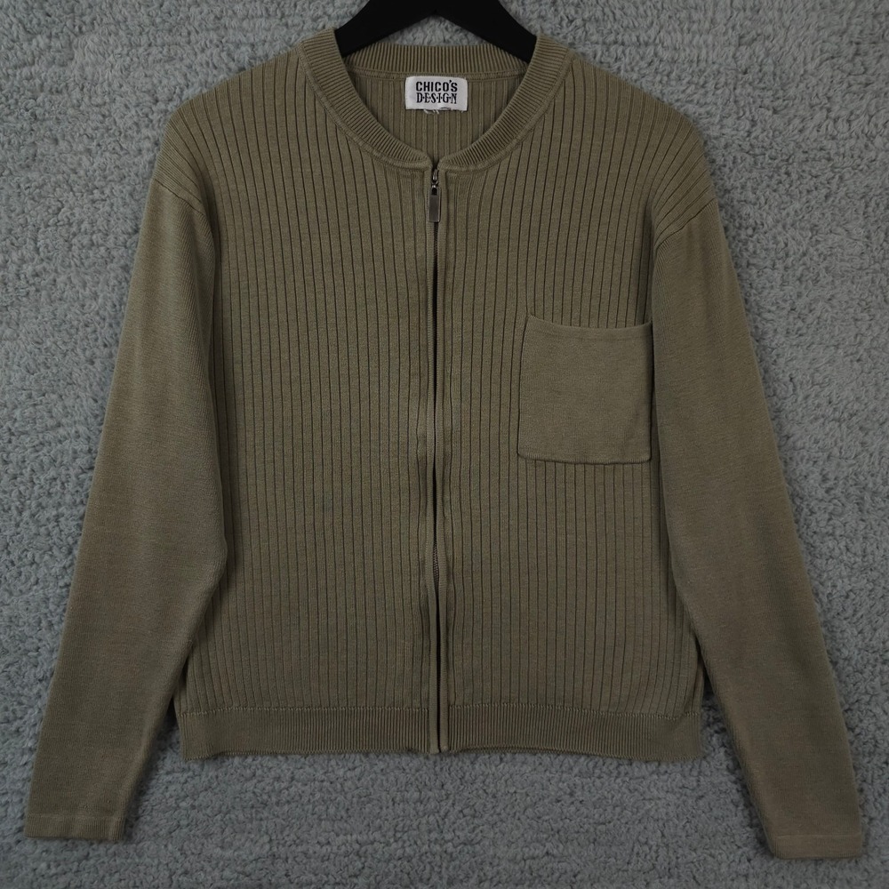Chicos Design Sweater Womens 1 US Medium Green Full Zip Cardigan Ribbed Knit VTG